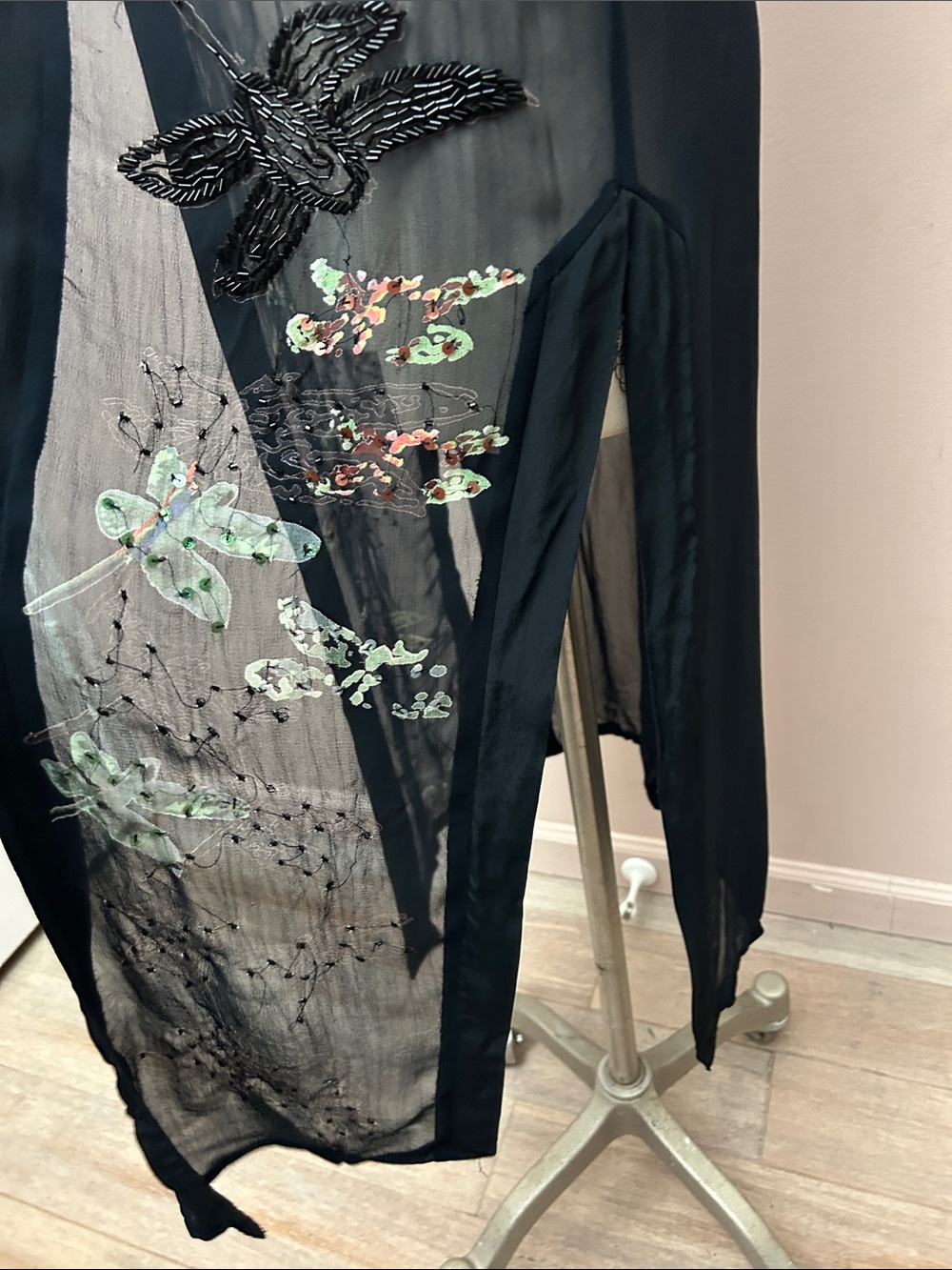 VTG Cache Sheer Black Embroidered Butterfly Duster Asian frog closure sz small - Picture 12 of 16